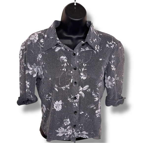 Vintage 90s Medium Eyeshadow Grey White Floral Stretch Top Button Up Half Sleeve - Picture 1 of 12